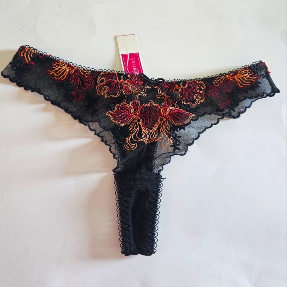 NWT Ruby Pink Thong S/M Sheer Scallop Edge Frilly Embroidered Bow Floral Moody